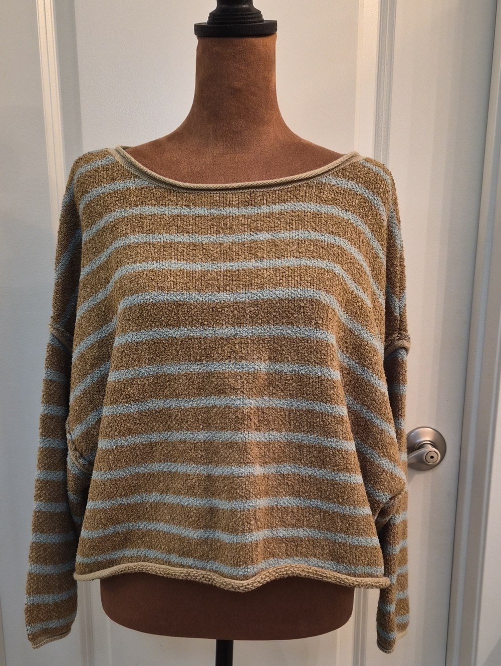 Free People Striped Scoop-Neck Sweater in Taupe and Light Blue